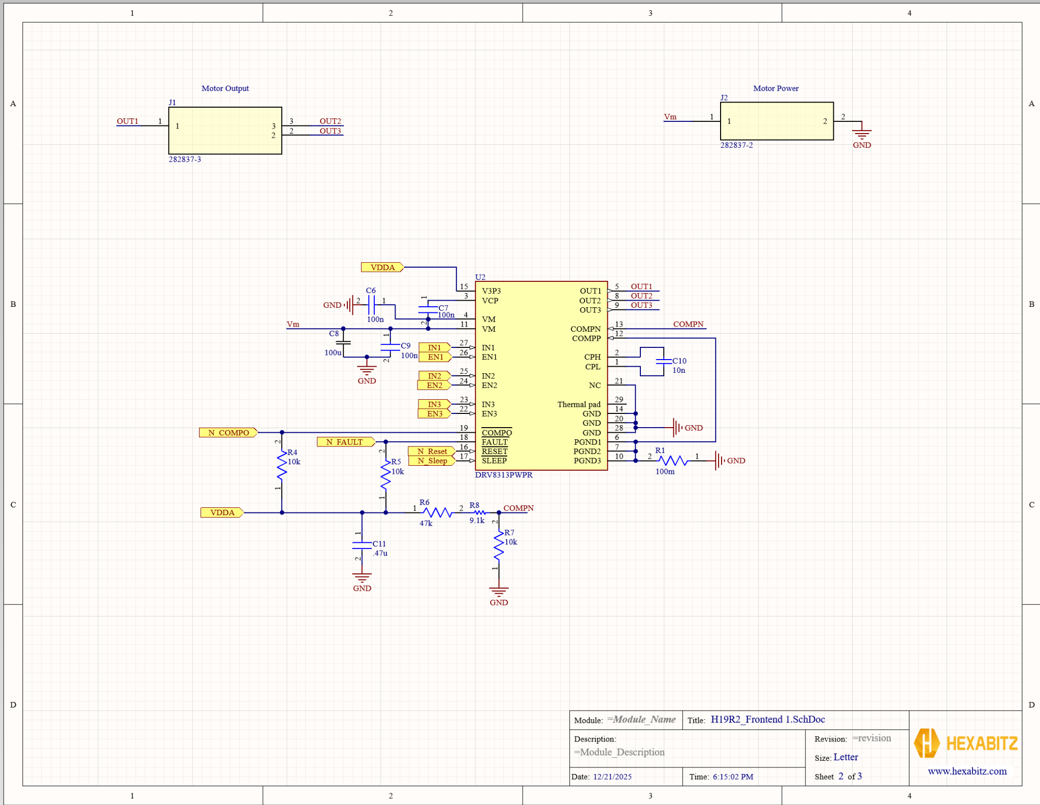 Frontend schematic: DRV8313 power stage, VM decoupling, protection pins, and motor/power connectors