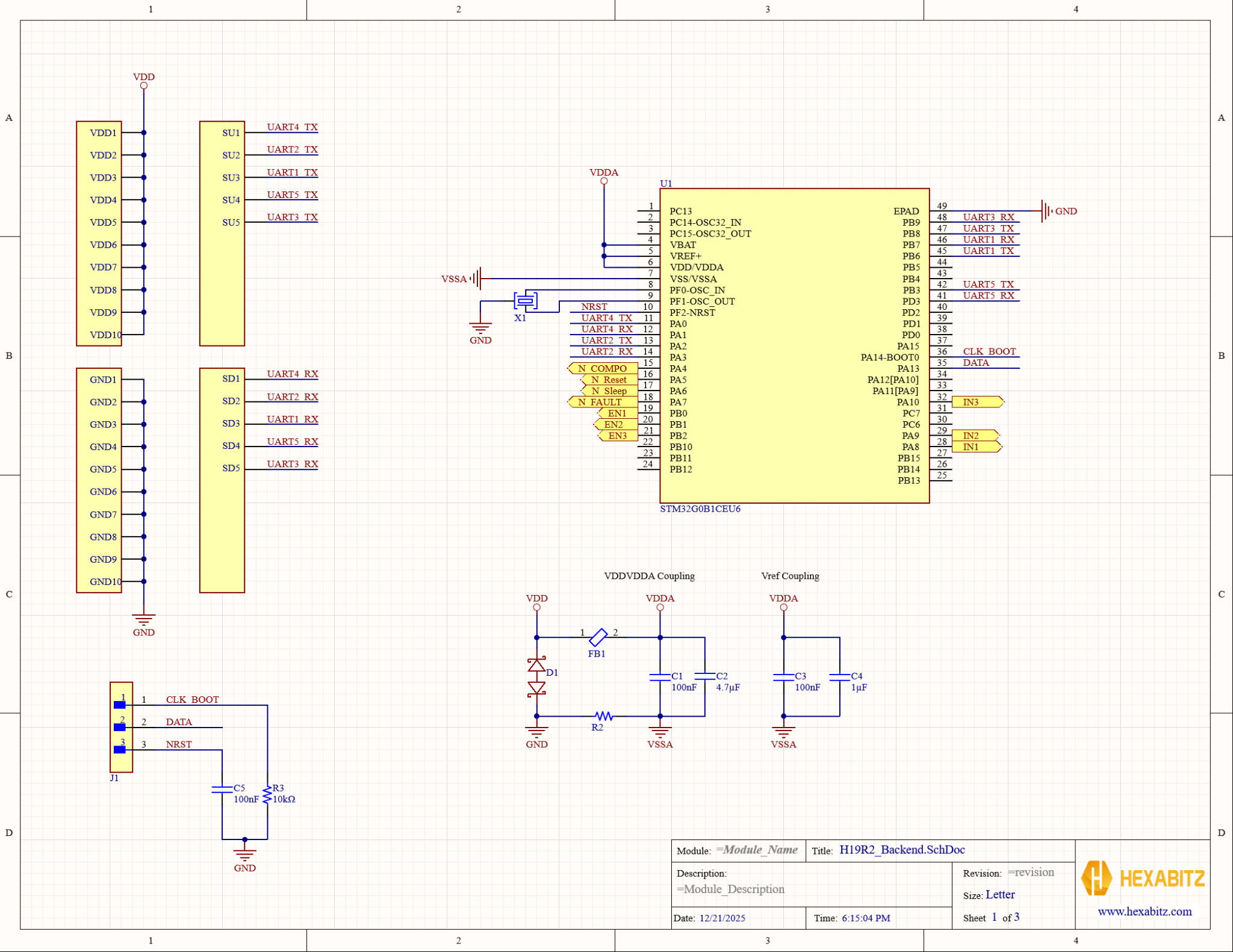 Backend schematic: STM32G0B1 control, programming header, and power-domain isolation